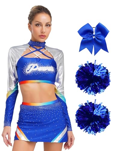 MSemis Cheerleading Uniform für Damen Langarm Pailletten Crop-Top mit Tanzrock Pompons und Haargummi mit Schleife Halloween Karneval Fasching Tanzkostüm Outfit Königsblau M MSemis Cheerleading Uniform für Damen Langarm Pailletten Crop-Top mit Tanzrock Pompons und Haargummi mit Schleife Halloween Karneval Fasching Tanzkostüm Outfit Königsblau M von MSemis