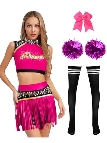 MSemis Cheerleading Uniform für Damen mit Glitzernden Strasssteinen 4-teiliger Crop Top Faltenrock Pompons Haarband Socken für Karneval Kostüm Cheer-Leader Hot Pink XL MSemis Cheerleading Uniform für Damen mit Glitzernden Strasssteinen 4-teiliger Crop Top Faltenrock Pompons Haarband Socken für Karneval Kostüm Cheer-Leader Hot Pink XL von MSemis