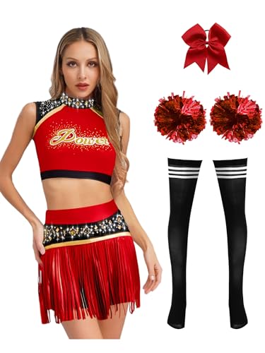 MSemis Cheerleading Uniform für Damen mit Glitzernden Strasssteinen 4-teiliger Crop Top Faltenrock Pompons Haarband Socken für Karneval Kostüm Cheer-Leader Rot XXL MSemis Cheerleading Uniform für Damen mit Glitzernden Strasssteinen 4-teiliger Crop Top Faltenrock Pompons Haarband Socken für Karneval Kostüm Cheer-Leader Rot XXL von MSemis