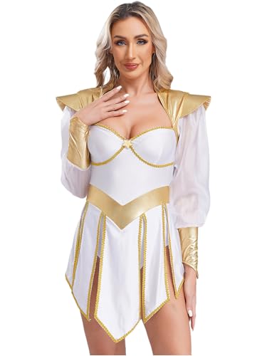 MSemis Costumes Griechische Göttin Kostüm Damen Langarm Kriegerin Prinzessin Kleid Halloween Karneval Faschnacht Partykostüm Weiß M von MSemis