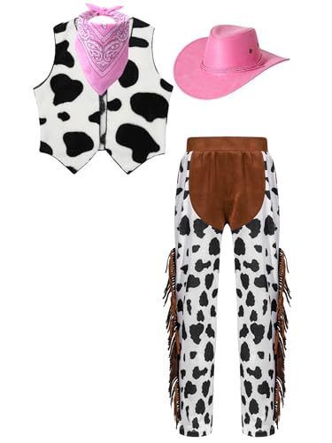 MSemis Cowboy Cowgirl Kostüm Kinder Unisex 4Pcs Kuh Gedruckt Weste mit Fransen Hosen Bandanna und Hut Spielzeug Cosplay Halloween Karneval Rosa 170 von MSemis