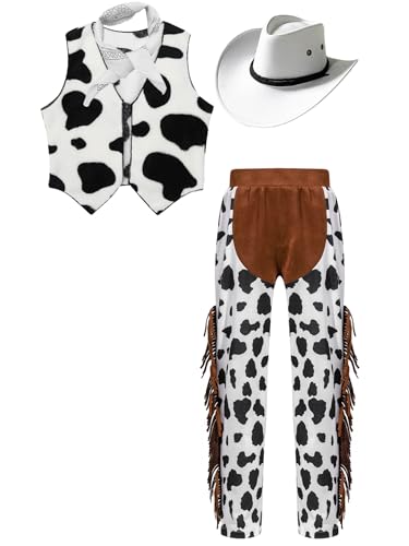 MSemis Cowboy Cowgirl Kostüm Kinder Unisex 4Pcs Kuh Gedruckt Weste mit Fransen Hosen Bandanna und Hut Spielzeug Cosplay Halloween Karneval Weiß 170 von MSemis