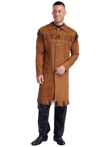 MSemis Cowboy Jacke Wilder Westen Fransenjacke Herren Lange Westernmantel Langarm Button-up Oberbekleidung Party Kostüme Braun L von MSemis