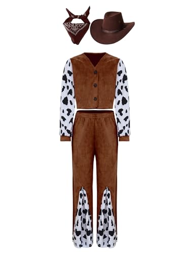 MSemis Cowboy Kostüm Kinder 4 Stück Langärmelig Jacket Hut Halstuch Spielzeug für Karneval Geburtstag Bühne Party Braun 110-116 von MSemis