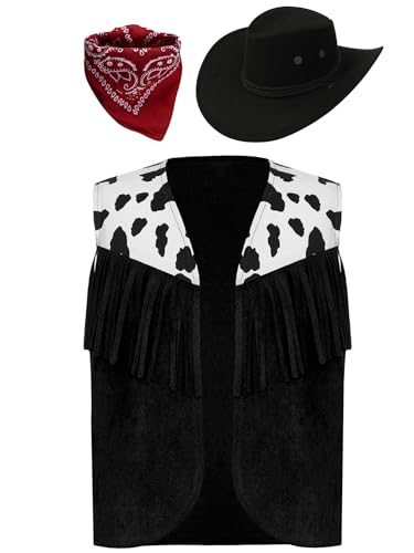 MSemis Cowgirl Kostüm Mädchen Unisex 3Pcs Ärmellos Fransenweste mit Cowboyhut und Bandanna Set Halloween Karneval Schwarz 98-104 von MSemis