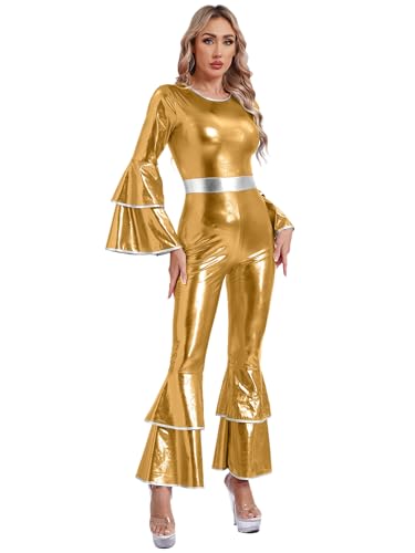 MSemis Damen 70er Disco-Lady Kostüm Langarm Glänzender Jumpsuit Einteiliger Overall Bodycon Bell Flare Hose Faschingskostüme Karneval Gold XXL von MSemis