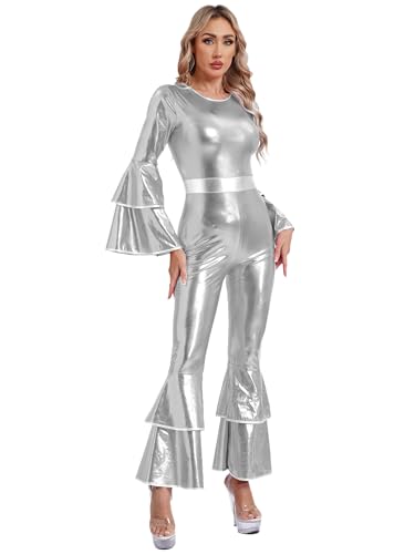 MSemis Damen 70er Disco-Lady Kostüm Langarm Glänzender Jumpsuit Einteiliger Overall Bodycon Bell Flare Hose Faschingskostüme Karneval Silber S von MSemis