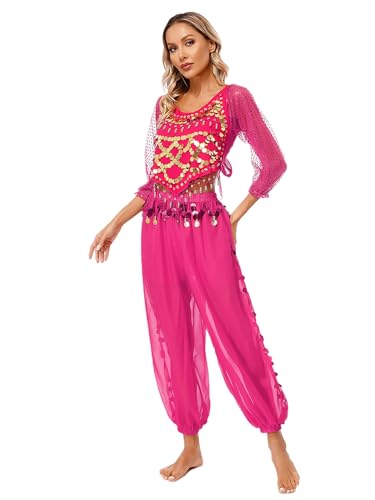 MSemis Damen Bauchtanz Kostüm Set 3/4 Ärmel Orientalische Indische Tops mit Haremshose Halloween Karneval Fasching Party Tanzkleidung Hot Pink Einheitsgröße von MSemis