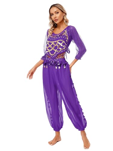 MSemis Damen Bauchtanz Kostüm Set 3/4 Ärmel Orientalische Indische Tops mit Haremshose Halloween Karneval Fasching Party Tanzkleidung Violett Einheitsgröße von MSemis