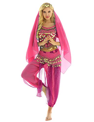 MSemis Damen Bauchtanz Kostüm Set Pailletten Tanzkleidung Indische Tanz Performance-Kleidung Halloween Karneval Tanzende Professionel Kostüm Rose Einheitsgröße von MSemis