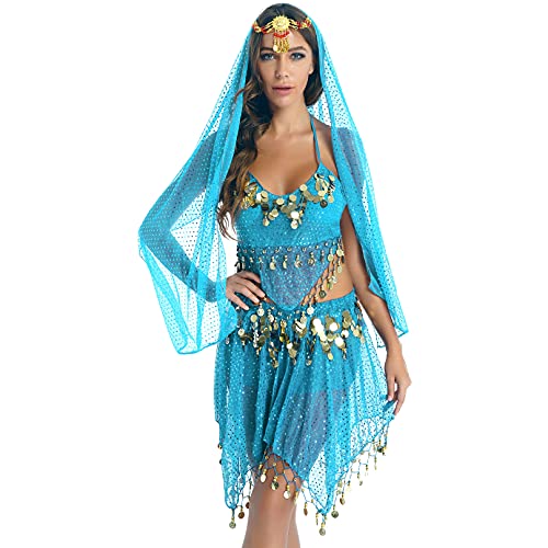 MSemis Damen Bauchtanz Kostüm Set Pailletten Tanzkleidung Indische Tanz Performance-Kleidung Halloween Karneval Tanzende Professionel Kostüm Z Himmelblau Einheitsgröße von MSemis