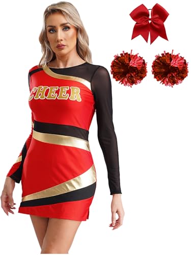 MSemis Damen Cheer-Leader Outfit Langarm Cheer Uniform TanzKleid mit Pompoms Haarband Halloween Karneval Fasching Kostüm Rot M von MSemis