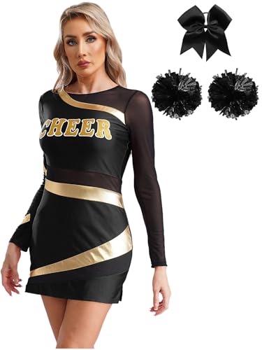 MSemis Damen Cheer-Leader Outfit Langarm Cheer Uniform TanzKleid mit Pompoms Haarband Halloween Karneval Fasching Kostüm Schwarz XXL von MSemis