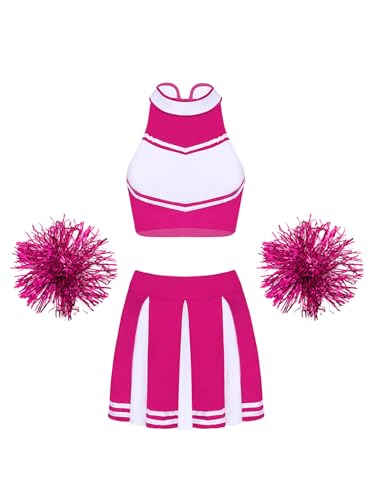 MSemis Damen Cheerleadering Cosplay Kostüm Crop Top und Minirock Pom-PomOutfit Karneval Weihnachten Halloween Cosplay für Festival Party Tanz B Pink L von MSemis