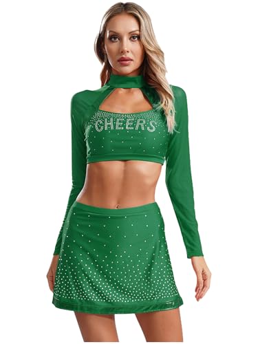 MSemis Damen Cheerleading Cosplay Outfit Zweiteiliger Langarm Crop Top Shirt und Minirock für Party Tanz Kostüme Grün S von MSemis