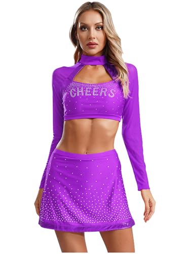 MSemis Damen Cheerleading Cosplay Outfit Zweiteiliger Langarm Crop Top Shirt und Minirock für Party Tanz Kostüme Violett XL von MSemis