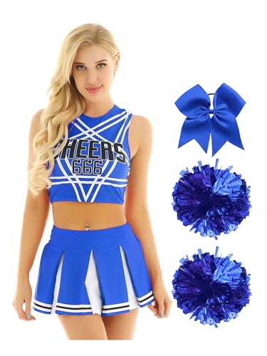 MSemis Damen Cheerleading Kostüm Ärmellos Crop Top +Mini Plisseerock +Pompons +Haarband 4pc Cheer-Leader Fastnacht Outfit Halloween Tanz Kostüme Blau M von MSemis