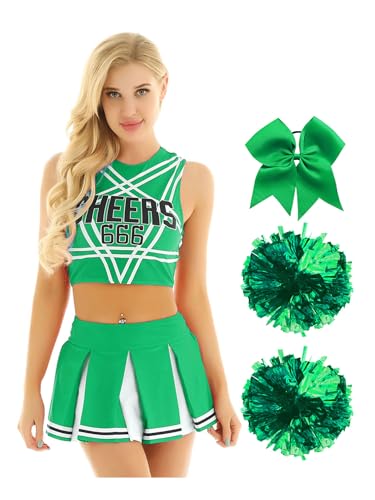 MSemis Damen Cheerleading Kostüm Ärmellos Crop Top +Mini Plisseerock +Pompons +Haarband 4pc Cheer-Leader Fastnacht Outfit Halloween Tanz Kostüme Grün XL von MSemis