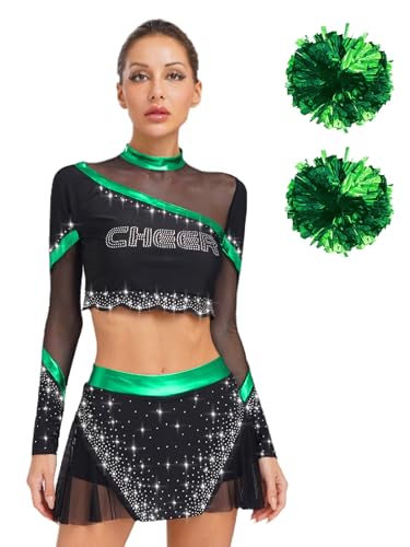 MSemis Damen Cheerleading Outfit für Damen mit Pompons Handblume Crop-Top Tanzrock Tanzkostüm Halloween Fasching Party Kostüm Grün XL MSemis Damen Cheerleading Outfit für Damen mit Pompons Handblume Crop-Top Tanzrock Tanzkostüm Halloween Fasching Party Kostüm Grün XL von MSemis