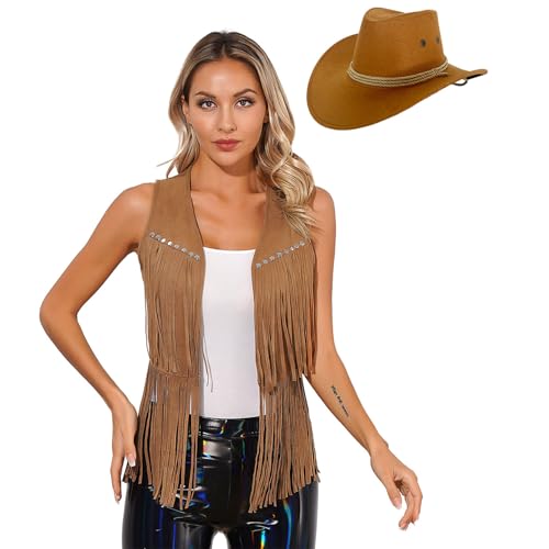 MSemis Damen Faux Wildleder Cowgirl Ärmellos Ärmellos Lang Fransenweste +Hüte 70 er Jahre Disco Festival Outfit Hippie Kleidung Braun L von MSemis