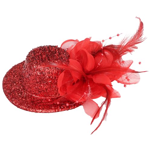 MSemis Damen Feder Zylinder mit Haarclip Glänzende Minizylinder Haarspange Hochzeit Fascinator Hut Karneval Halloween Fasching Haar Accessoires Rot One Size von MSemis