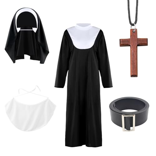 MSemis Damen Halloween Nonne Kostüm Set Nonnenhaube Kreuz Halskette Lätzchen Gürtel Nonne Kleid Strümpfe Cosplay Maskerade Karneval Mottoparty Typ A One Size von MSemis