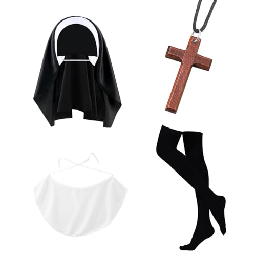 MSemis Damen Halloween Nonne Kostüm Set Nonnenhaube Kreuz Halskette Lätzchen Gürtel Nonne Kleid Strümpfe Cosplay Maskerade Karneval Mottoparty Typ B One Size von MSemis