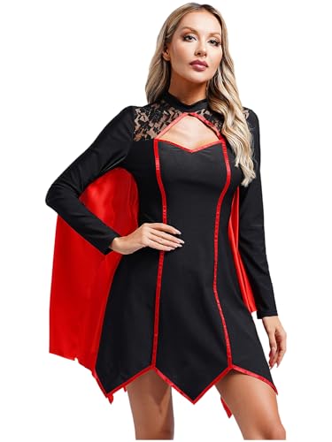 MSemis Damen Halloween Vampir Hexe Cosplay Kostüm Fledermausärmel Minikleid Festlich Retro Kleid Erwachsene Karneval Schwarz & Burgund M von MSemis