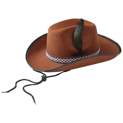 MSemis Damen Herren Feder Cowboy Hut Breiter Krempe Filzhut Western Cowgirlhut Modische Panamahut Sonnenhut Dance Kopfbedeckung Braun One Size von MSemis