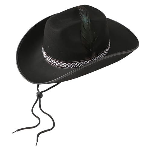 MSemis Damen Herren Feder Cowboy Hut Breiter Krempe Filzhut Western Cowgirlhut Modische Panamahut Sonnenhut Dance Kopfbedeckung Schwarz One Size von MSemis