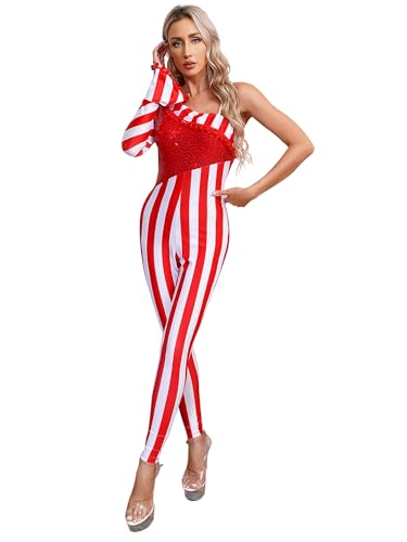 MSemis Damen Jumpsuit Glitzer Weihnachtskostüm Zuckerstangen Tanzbody Eine Schulter Streifen Overall Trikotanzug Rot S von MSemis