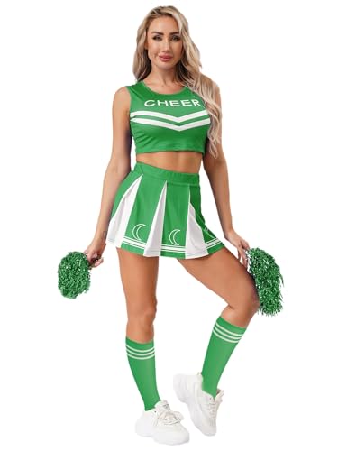 MSemis Damen Kostüm Cheerleading Pom Poms Crop Top Faltenrock Und Strümpfe Erwachsene High School Musical Outfit Karneval Tanzanzug Verkleidung Grün XL MSemis Damen Kostüm Cheerleading Pom Poms Crop Top Faltenrock Und Strümpfe Erwachsene High School Musical Outfit Karneval Tanzanzug Verkleidung Grün XL von MSemis