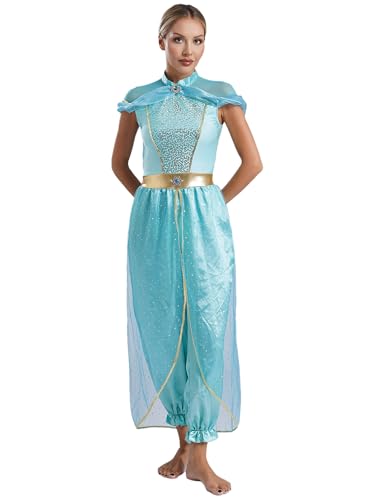 MSemis Damen Prinzessin Kostüm Pailletten Orient Arabische Jumpsuit Glänzend Bauchtanzkostüm Einteiler Tanz Overall Indische Verkleidung Hellblau XL von MSemis