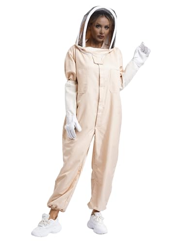 MSemis Damen Professionelle Bienenzucht Outfit Einteiliger Imker Overall mit Anti-Stich Handschuhe und belüftete Kapuze Beige XL von MSemis