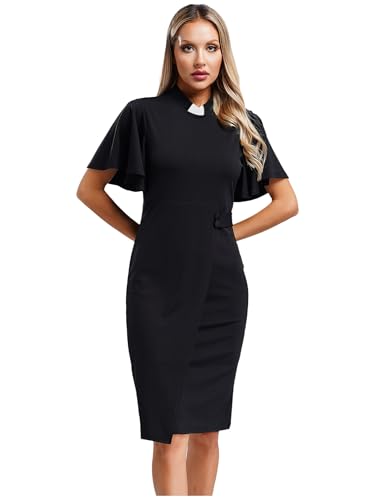 MSemis Damen Religiöses Kostüm Priesterin Nonne Kleid Schwarz Kurzarm Bodycon Bleistift Kleid für Halloween Party Cosplay Schwarz 3XL von MSemis