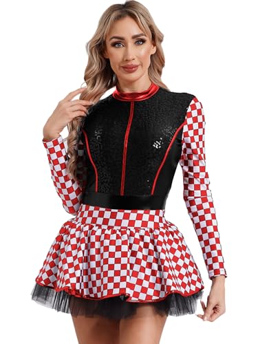 MSemis Damen Rennfahrer Kostüm Langärmeliges Schachbrettmuster Racer Kleid mit Pailletten Halloween Erwachsenenkostme Schwarz 3XL von MSemis