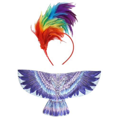 MSemis Damen Vogelflügel Kostüm Zubebör Vogeleule Flügel Cape mit Regenbogen Feder Haarreif Set für Halloween Maskerade Karneval Cosplay Violett One Size von MSemis