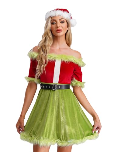 MSemis Damen Weihnachtskostüm Santa Elfen Kostüm Samt Weihnachten Kleid mit Kapuze Party Cosplay Xmas Outfit Set Grün XL von MSemis