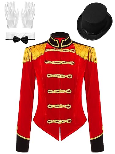 MSemis Damen Zirkus Zirkusdirektor Kostüm Set Langarm Fransen Jacke Mantel Blazer +Hut +Schleifenkragen +Handschuhe Halloween Karneval Cosplay Kostüm Uniform Rot 3XL von MSemis