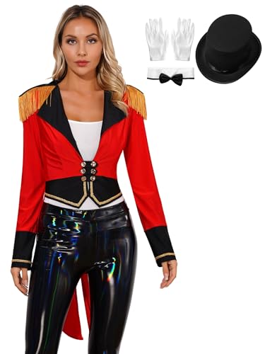 MSemis Damen Zirkus Zirkusdirektor Kostüm Set Langarm Fransen Jacke Mantel Blazer +Hut +Schleifenkragen +Handschuhe Halloween Karneval Cosplay Kostüm Uniform Rot C M von MSemis