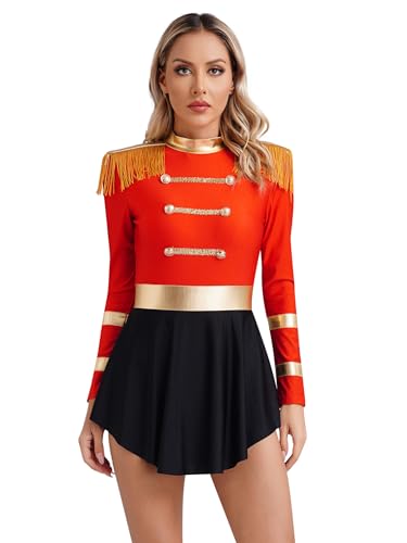 MSemis Damen Zirkusdirektor Kostüm Langarm Ringmaster TanzKleid Uniform mit Rock Fransen Bodysuit Halloween Fasching Verkleidung Rot L von MSemis