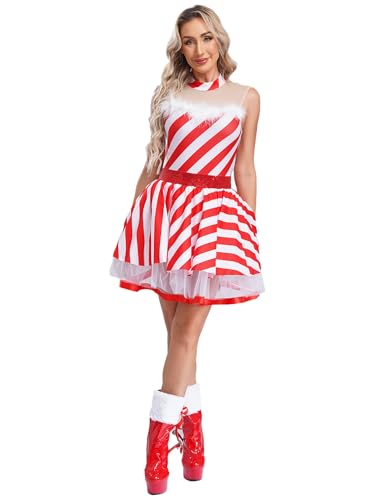 MSemis Damen Zuckerstangen Kostüm ärmellos Pailletten Tanzkleid Tutu Weihnachtskleid Gestreift Trikot Body Xmas Tanzkostüm Rot 4XL von MSemis