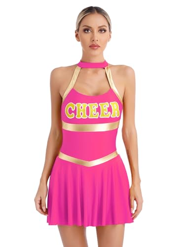 MSemis Damenn Cheer-Leader Cheerleading Kostüm Schulmädchen Uniform Neckholder Minikleid Tanzkostüm Halloween Fasching Partykleid Hot Pink XXL von MSemis