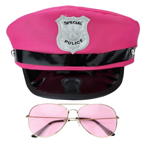 MSemis Erwachsene Polizei Kostüm Set Polizeimütze Brille Polizistin Hut Cop Cap Schirmmütze Karneval Party Fasching Halloween Mottoparty Cosplay Rosa One Size von MSemis