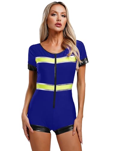 MSemis Feuerwehrmann Kostüm Damen Halloween Kurz Strampler Rundhalsausschnitt Kurzarm Jumpsuit Overall für Karneval Königsblau L von MSemis