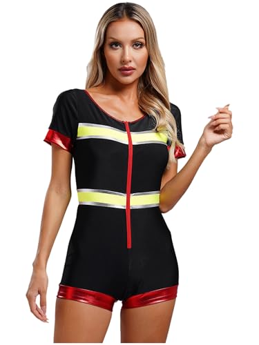 MSemis Feuerwehrmann Kostüm Damen Halloween Kurz Strampler Rundhalsausschnitt Kurzarm Jumpsuit Overall für Karneval Schwarz 3XL von MSemis