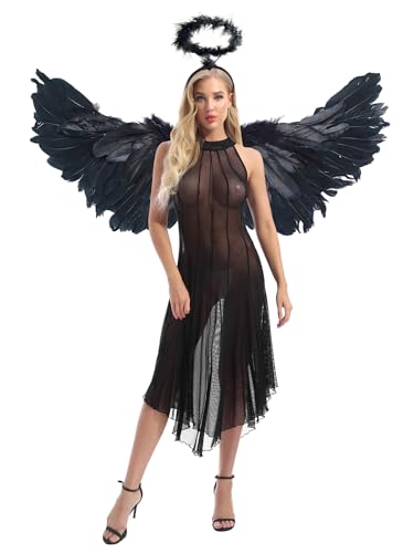 MSemis Frauen Ärmelloses Durchsichtiges Mesh Kleid mit Engelsfedern Flügeln und Engel Haarreif Stirnband Gothic Dress Up Kostüm Schwarz 3XL von MSemis