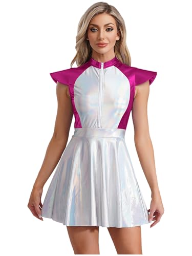 MSemis Frauen Halloween Alien Cosplay Kostüm A-line Metallic Kleid Holograpfisch Space Girl Faltenkleid Karneval Fasching Hot Pink L von MSemis