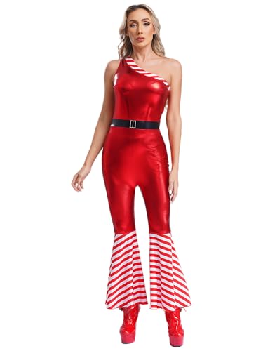 MSemis Frauen Weihnachten Overalls Ärmelloser Ein-Schulter Jumpsuit mit Ausgestellter Hosen Weihnachtsfrau Miss Santa Outfits Rot L von MSemis