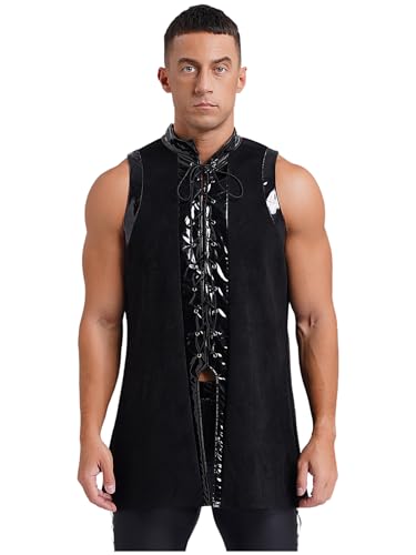 MSemis Gothic Weste Herren Medieval Renaissance Vest Steampunk Lackleder Tank Top Ärmellos Pirate Kostüm Cosplay Top Halloween Costume Schwarz 4XL von MSemis